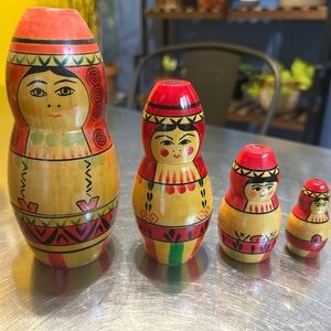 Vintage Russian Nesting Dolls - Red and Yellow Made in USSR